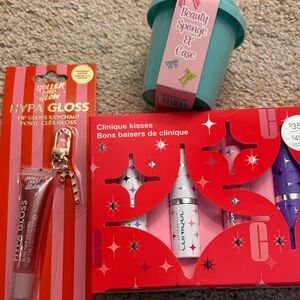 Clinique Lipstick and Beauty Sponge and lip gloss